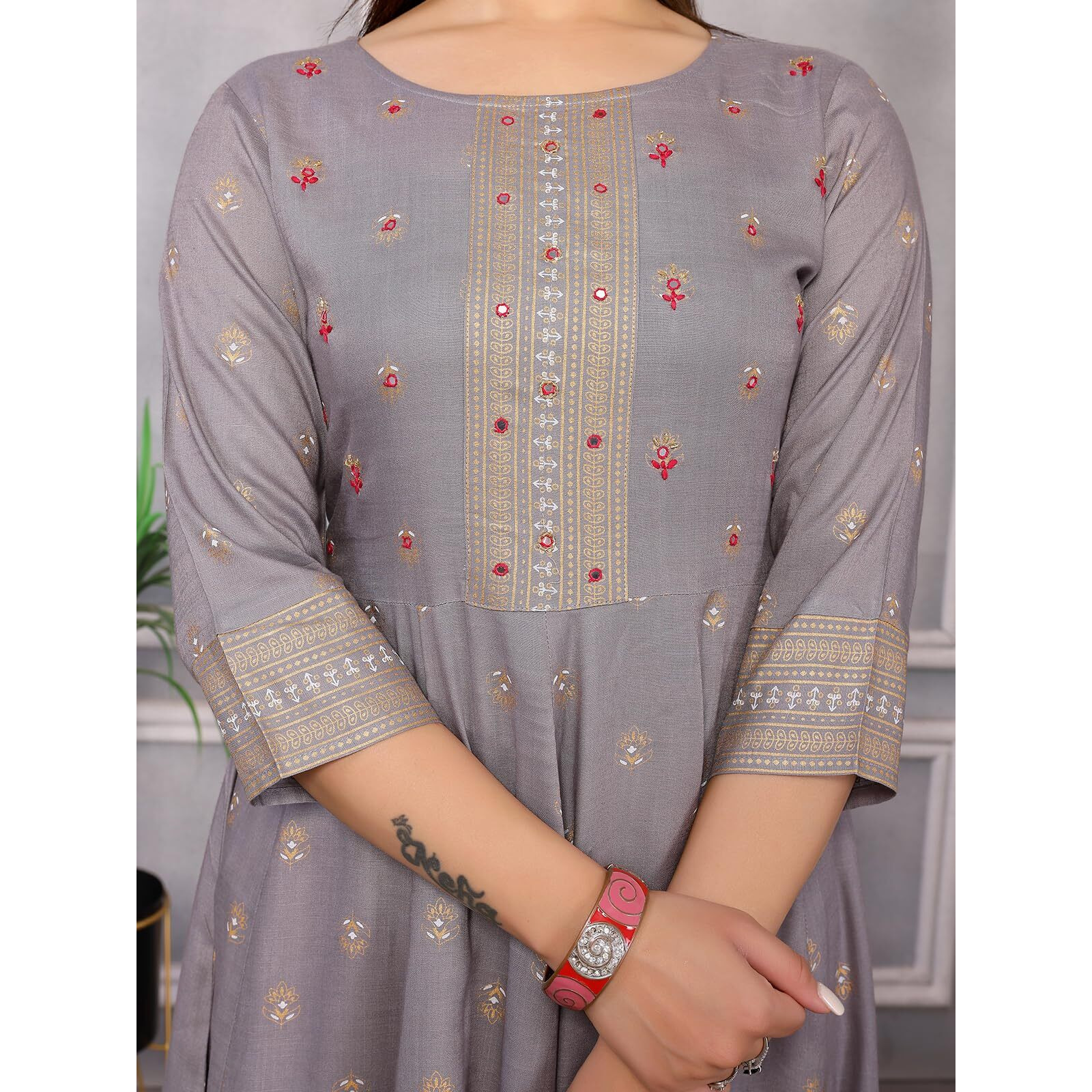 Rangita Grey Rayon Calf Length Embellished Anarkali Kurti For Women | Kurta For Women_Xl