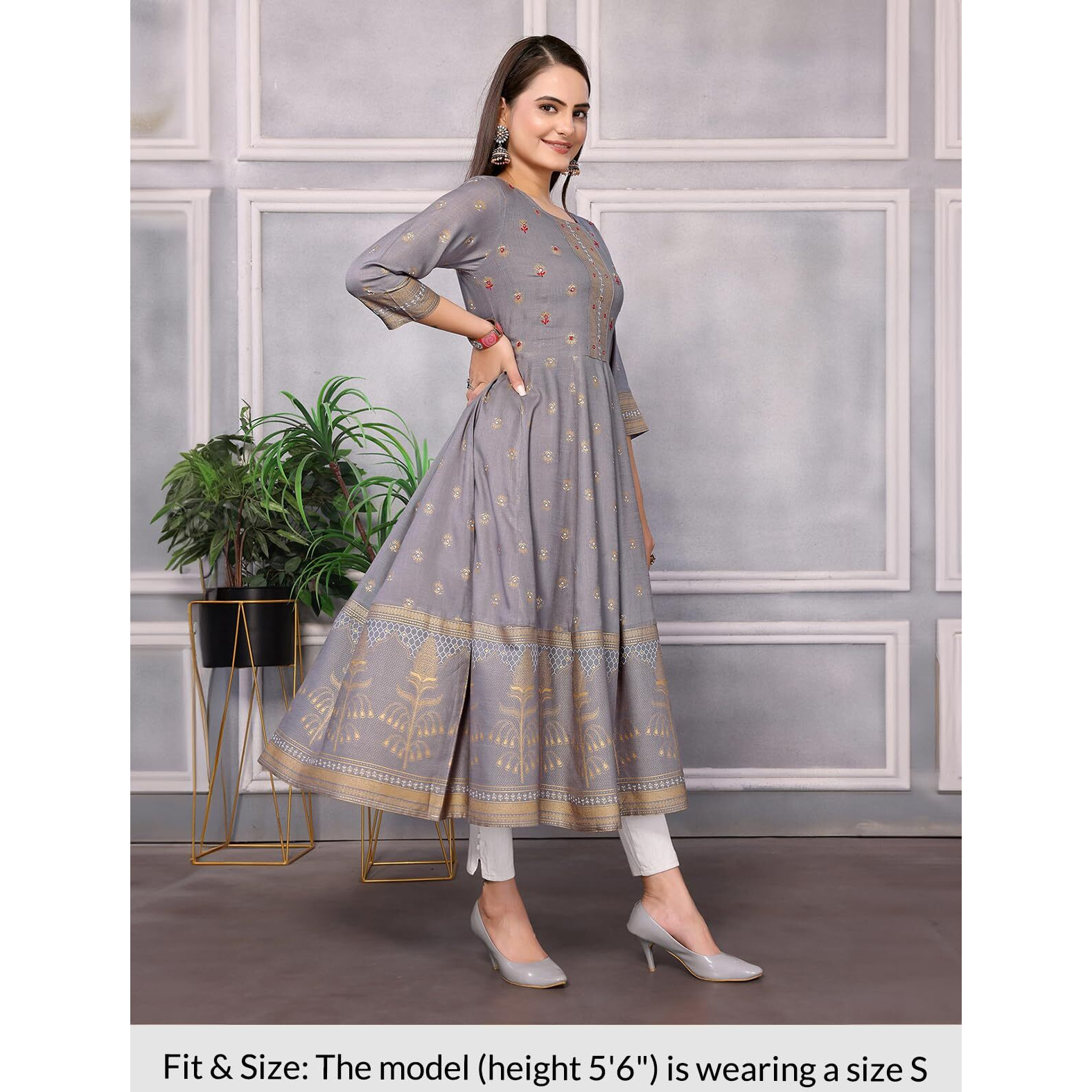 Rangita Grey Rayon Calf Length Embellished Anarkali Kurti For Women | Kurta For Women_Xl