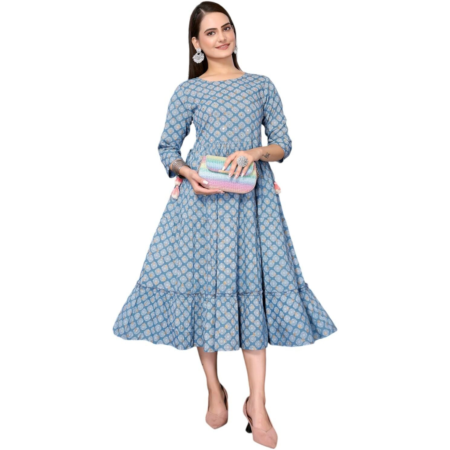 Rangita Light Blue Rayon Calf Length Embellished Anarkali Kurti For Women | Kurta For Women_M