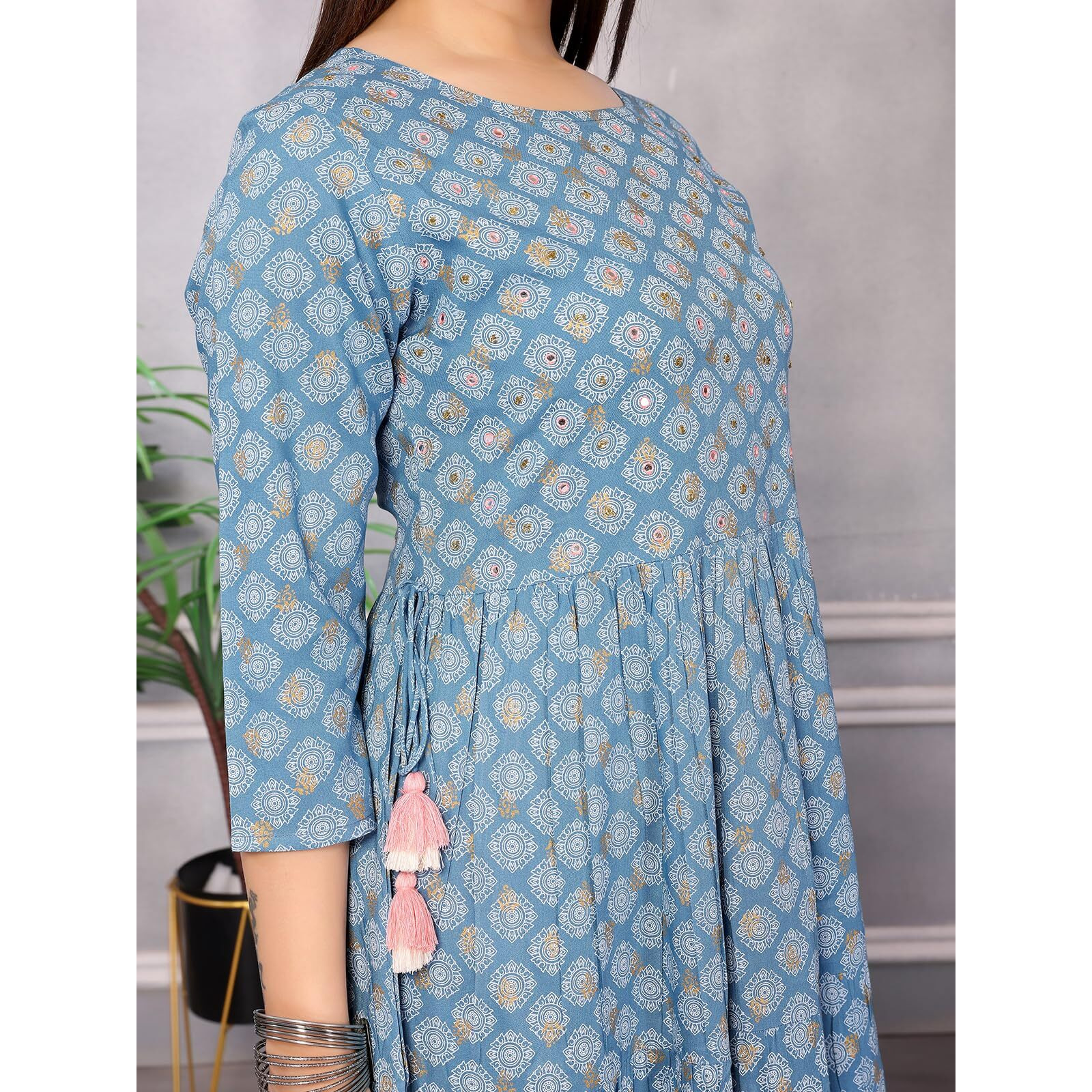 Rangita Light Blue Rayon Calf Length Embellished Anarkali Kurti For Women | Kurta For Women_M