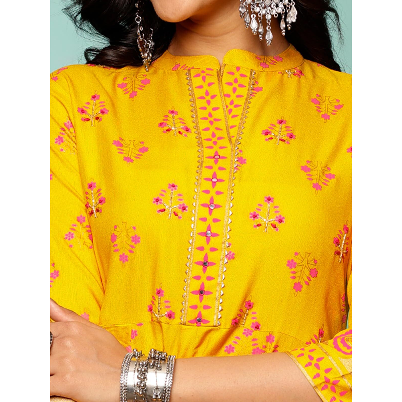 Rangita Yellow Rayon Calf Length Embellished Anarkali Kurti For Women | Kurta For Women_M