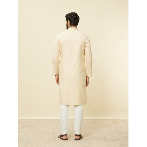 Manyavar Mens Beige Cotton Self Design Kurta Pyjama Set