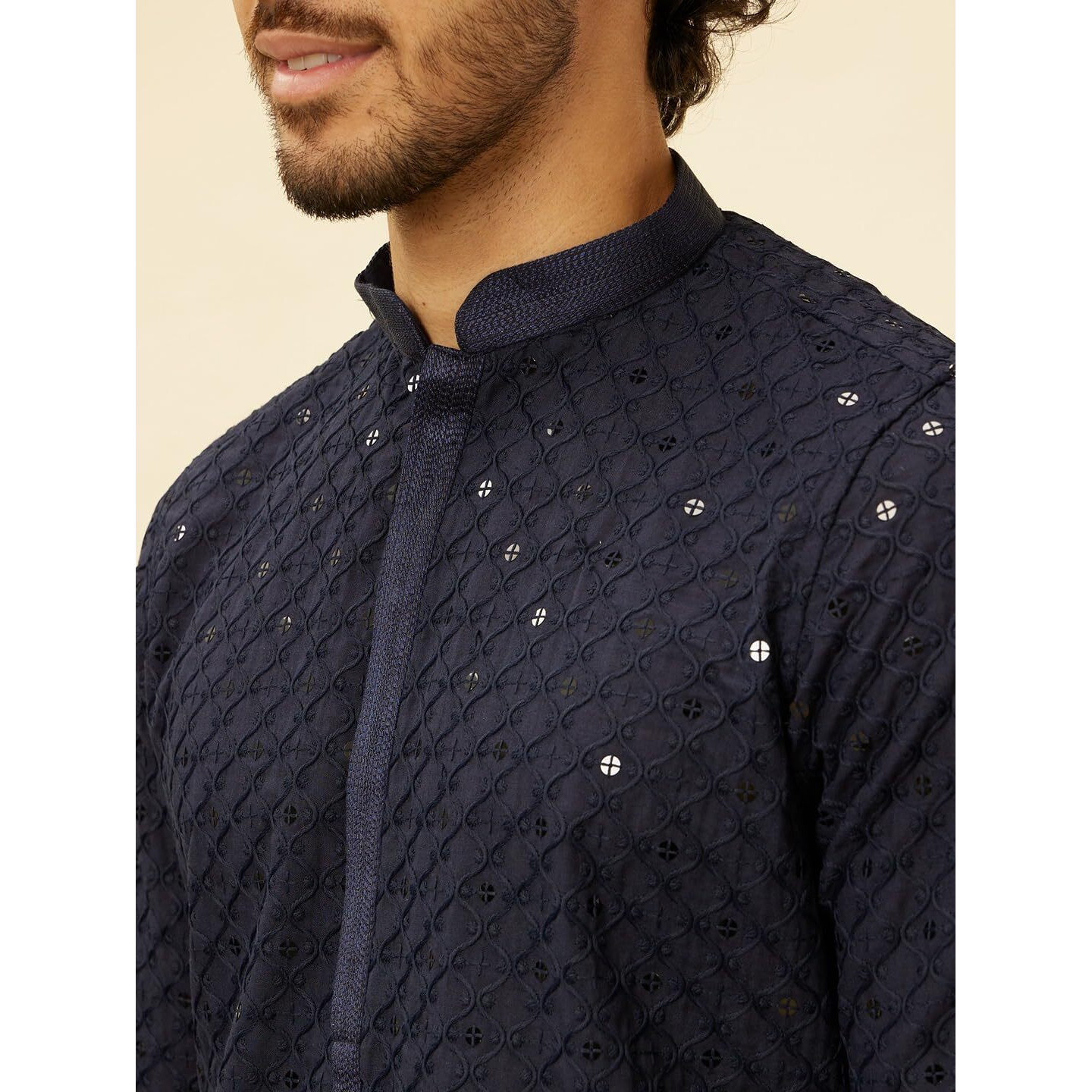 Manyavar Mens Blue Blended Cotton Embroidered Kurta Pyjama Set
