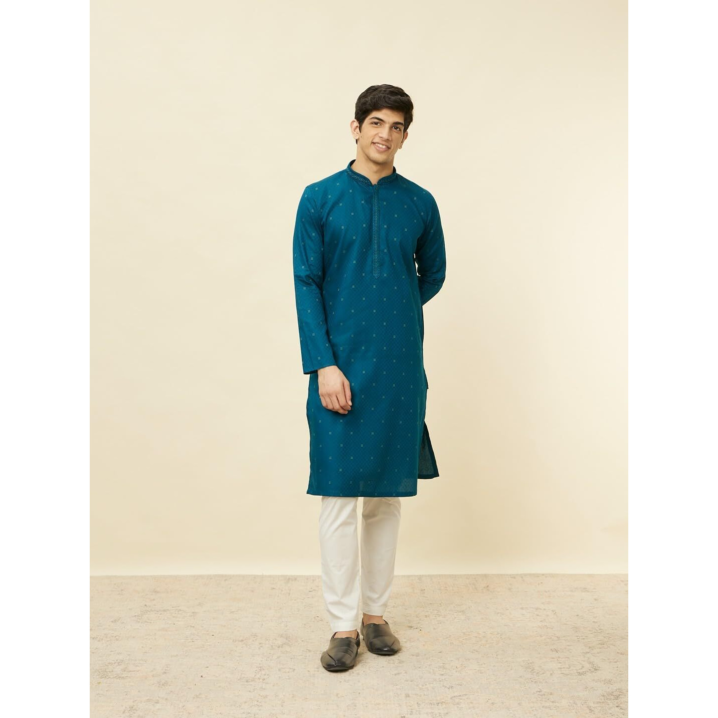 Manyavar Mens Blue Cotton Self Design Kurta Pyjama Set