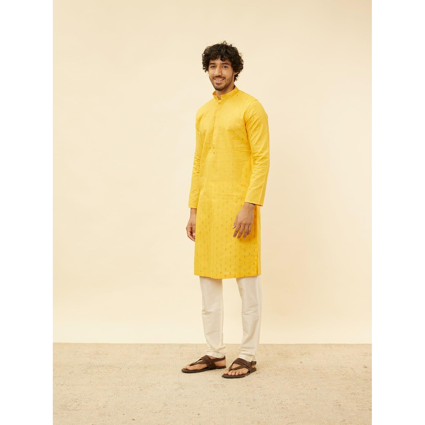 Manyavar Men's Mustard Cotton Self Design Kurta Pyjama Set