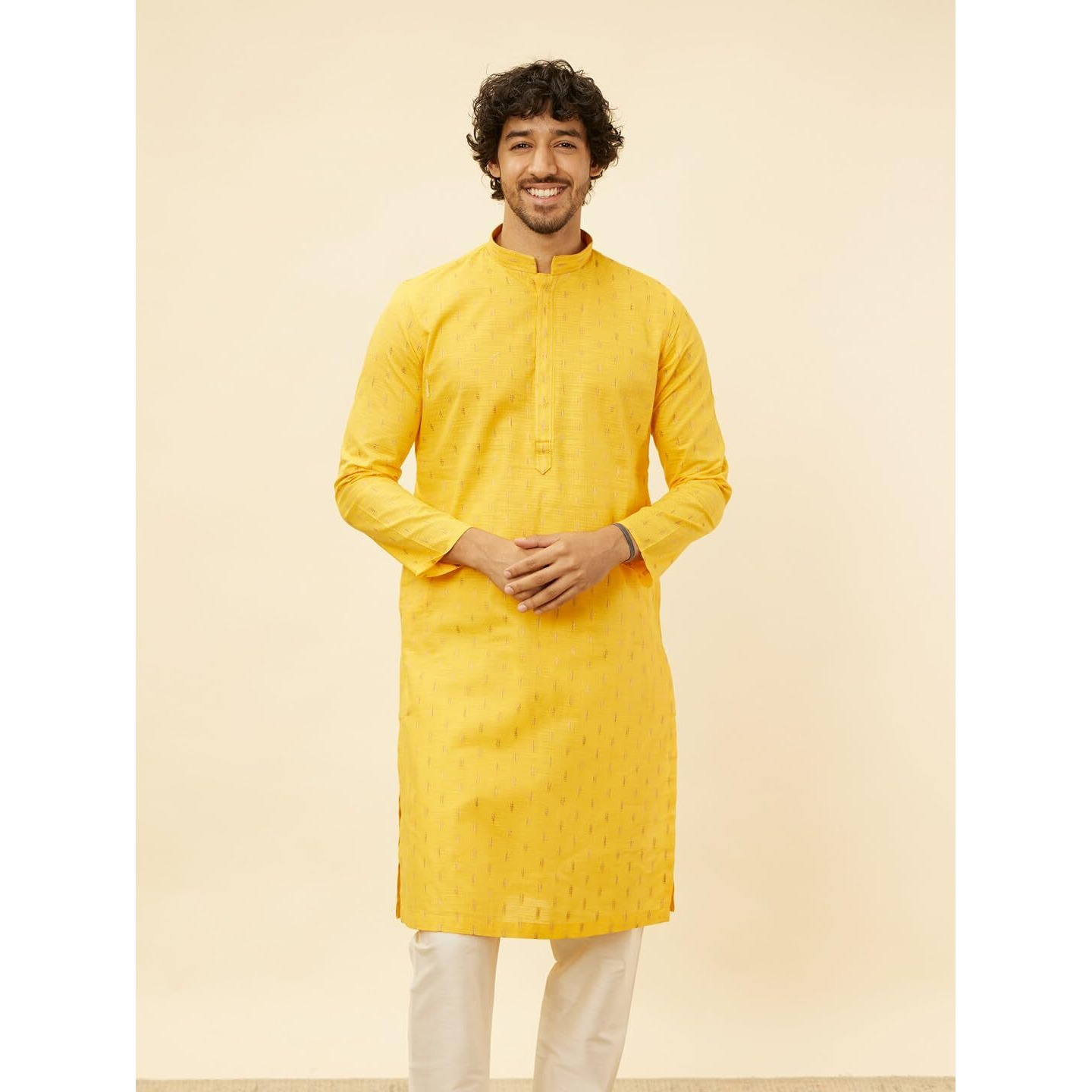 Manyavar Men's Mustard Cotton Self Design Kurta Pyjama Set