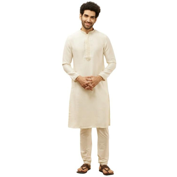 Manyavar Mens Warm White Art Silk Printed Kurta Pyjama Set