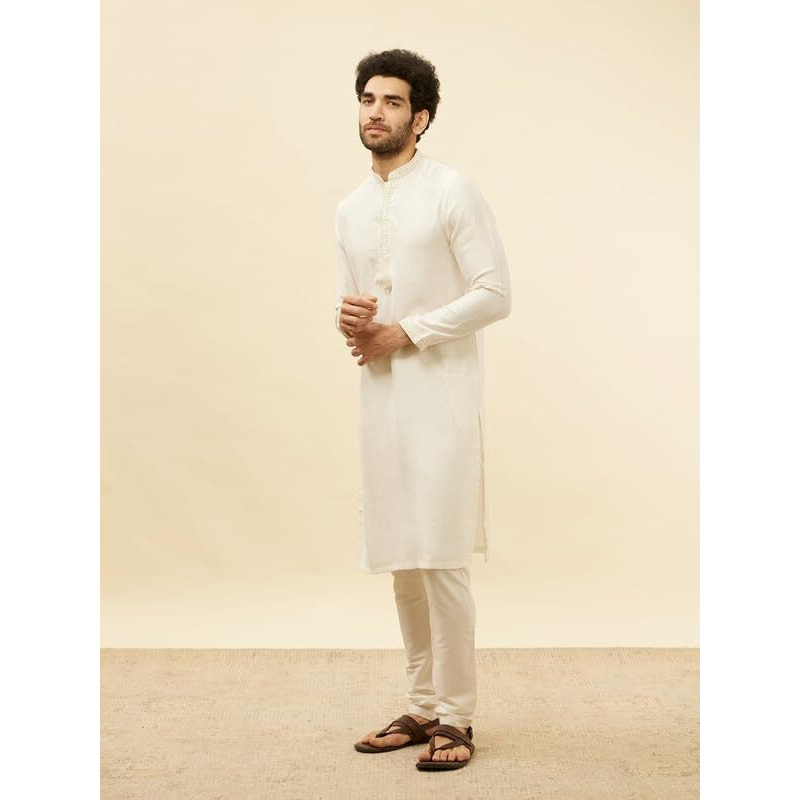 Manyavar Mens Warm White Art Silk Printed Kurta Pyjama Set