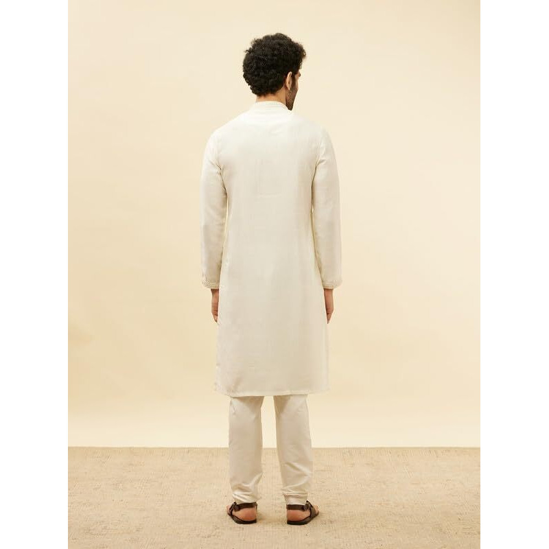 Manyavar Mens Warm White Art Silk Printed Kurta Pyjama Set