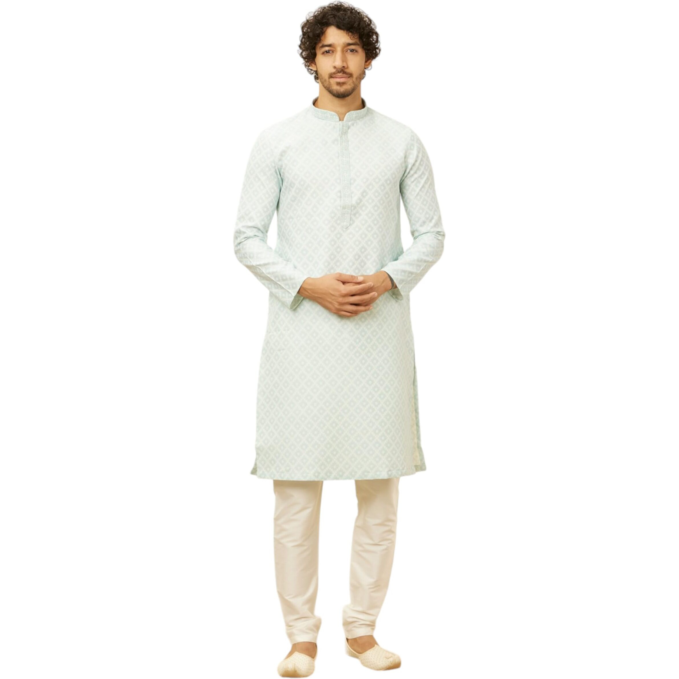 Manyavar Mens Blue Art Silk Self Design Kurta Pyjama Set