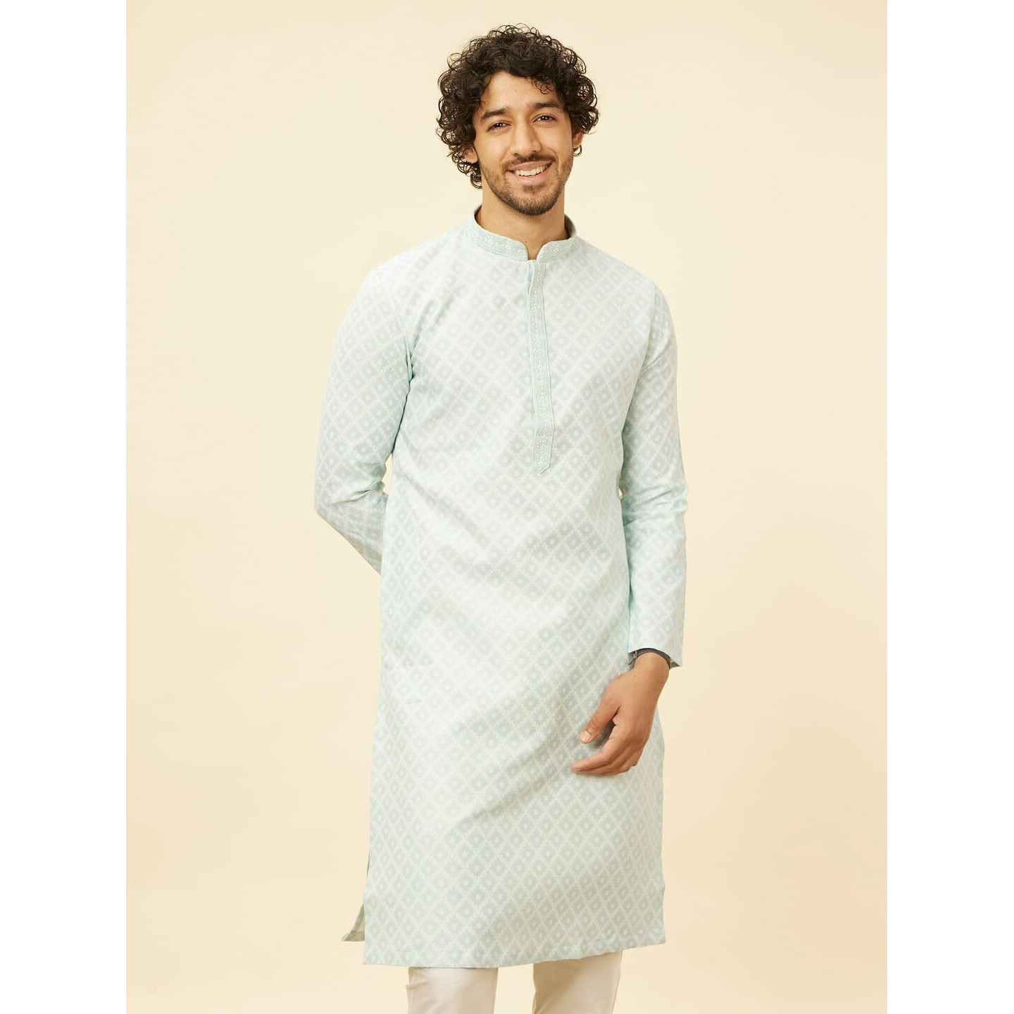 Manyavar Mens Blue Art Silk Self Design Kurta Pyjama Set