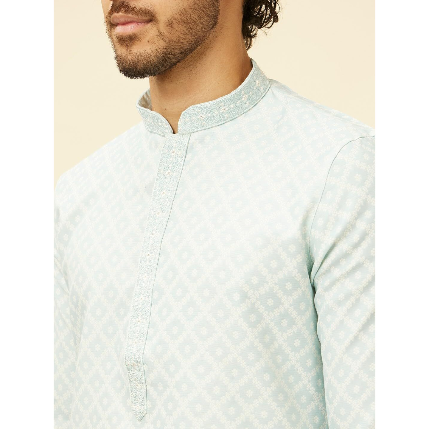 Manyavar Mens Blue Art Silk Self Design Kurta Pyjama Set