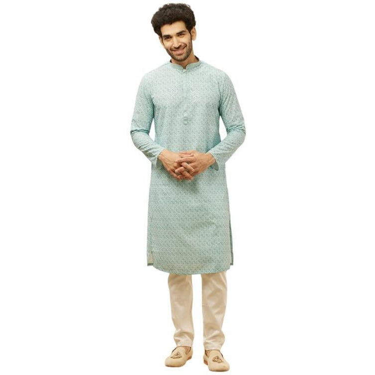 Manyavar Mens Green Blended Cotton Printed Kurta Pyjama Set