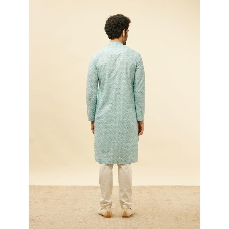 Manyavar Mens Green Blended Cotton Printed Kurta Pyjama Set