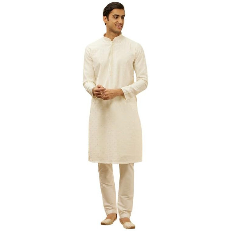 Manyavar Mens Cream Blended Viscose Self Design Kurta Pyjama Set