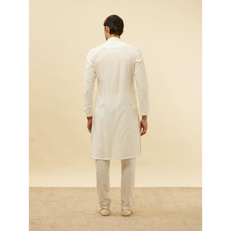 Manyavar Mens Cream Blended Viscose Self Design Kurta Pyjama Set