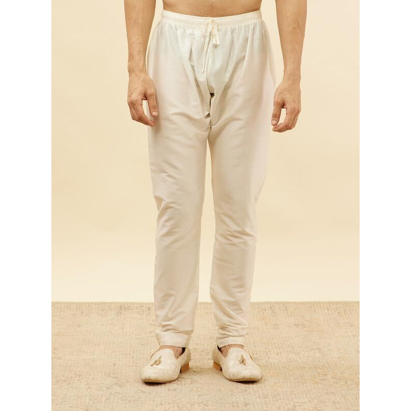 Manyavar Mens Cream Blended Viscose Self Design Kurta Pyjama Set