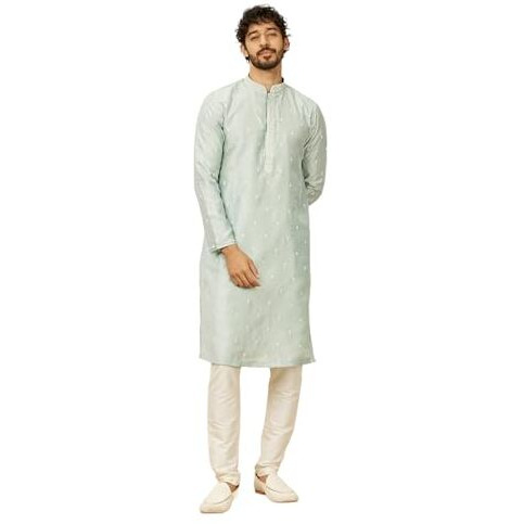 Manyavar Light Blue Art Silk Embroidery|Stone Work Kurta Pyjama Set For Men