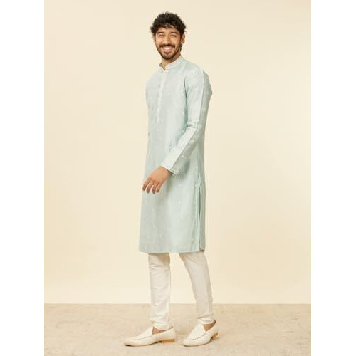 Manyavar Light Blue Art Silk Embroidery|Stone Work Kurta Pyjama Set For Men