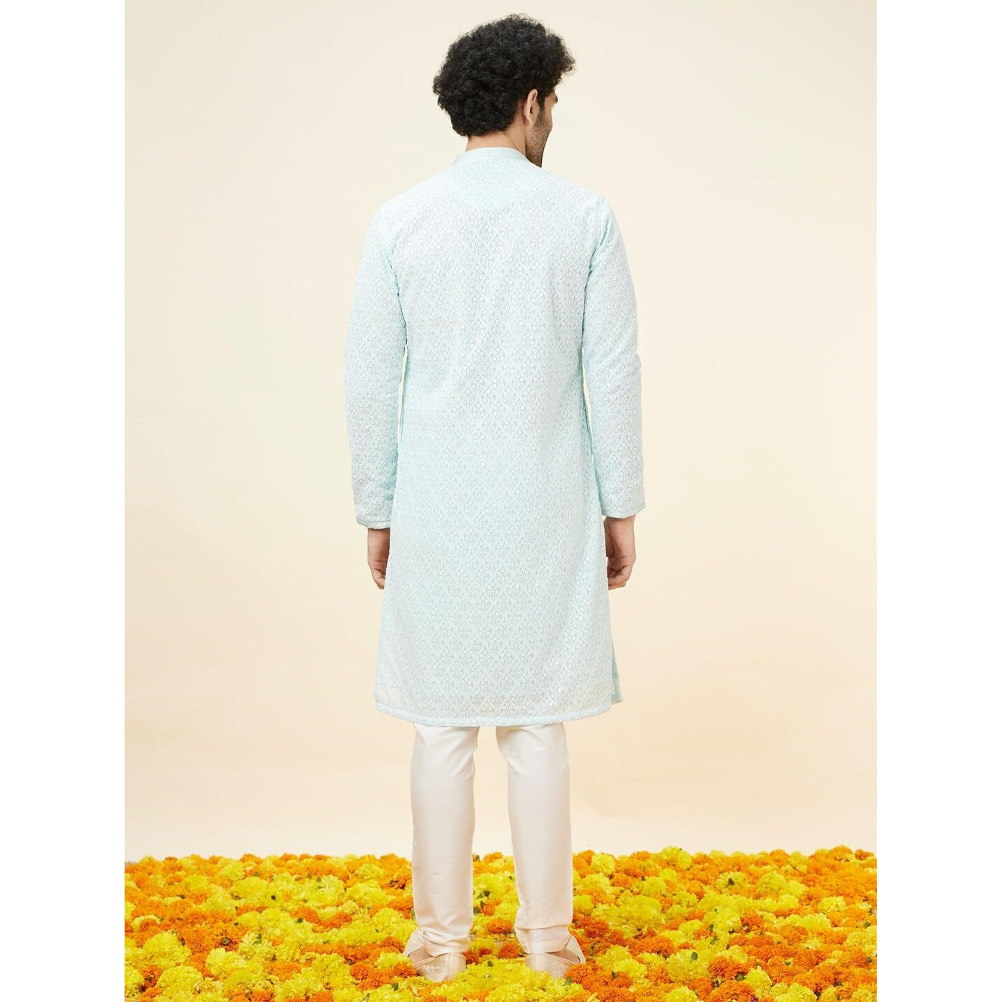 Manyavar Men's Blue Georgette Embroidered Kurta Pyjama Set