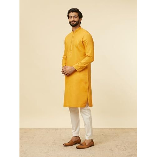 Manyavar Mustard Cotton Embroidery Kurta Pyjama Set