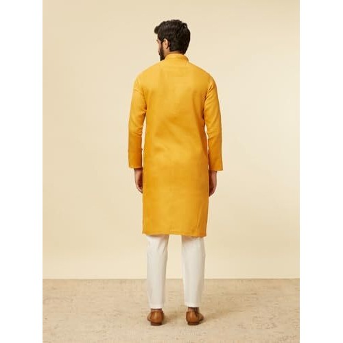 Manyavar Mustard Cotton Embroidery Kurta Pyjama Set