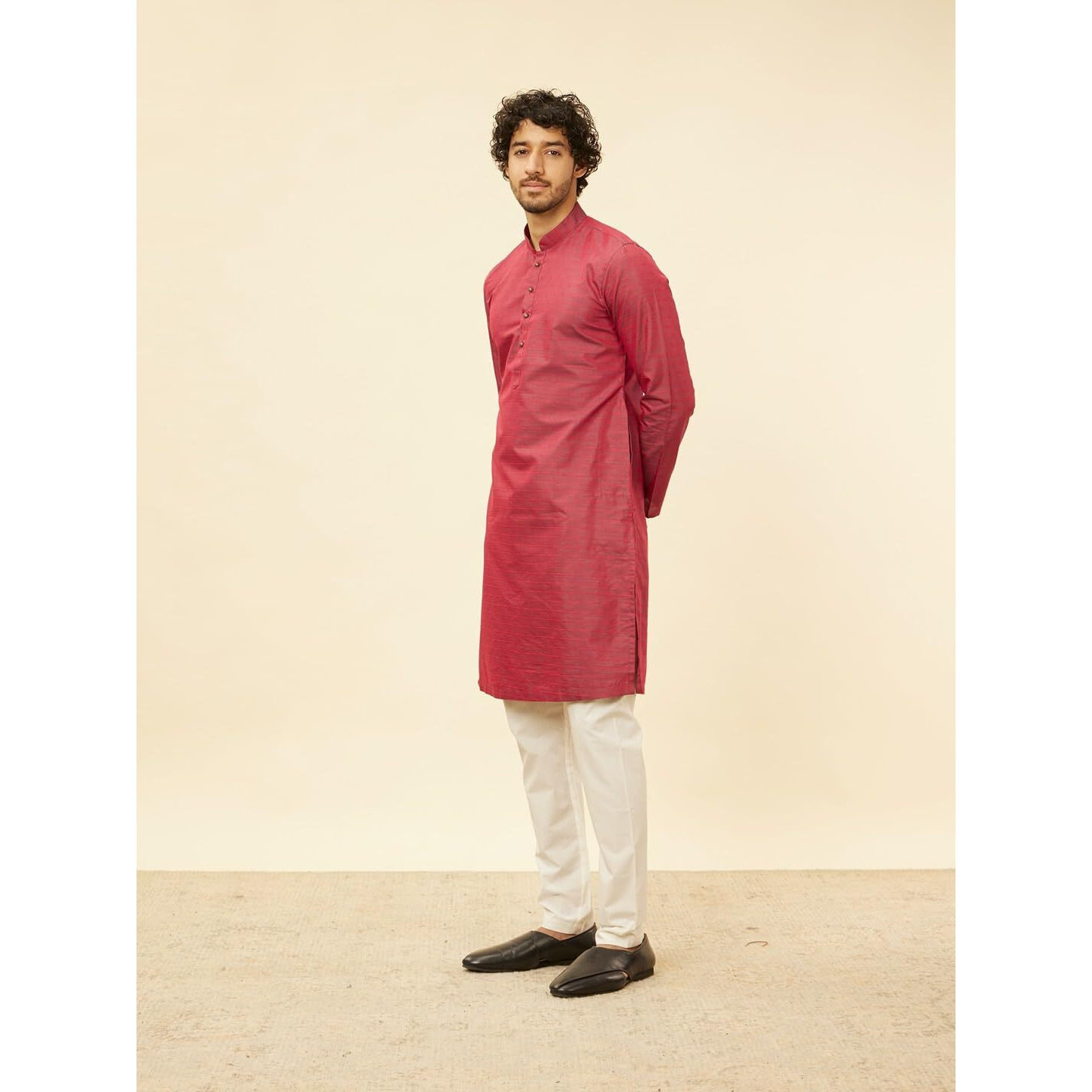 Manyavar Men's Maroon Blended Cotton Self Design Kurta Pyjama Set