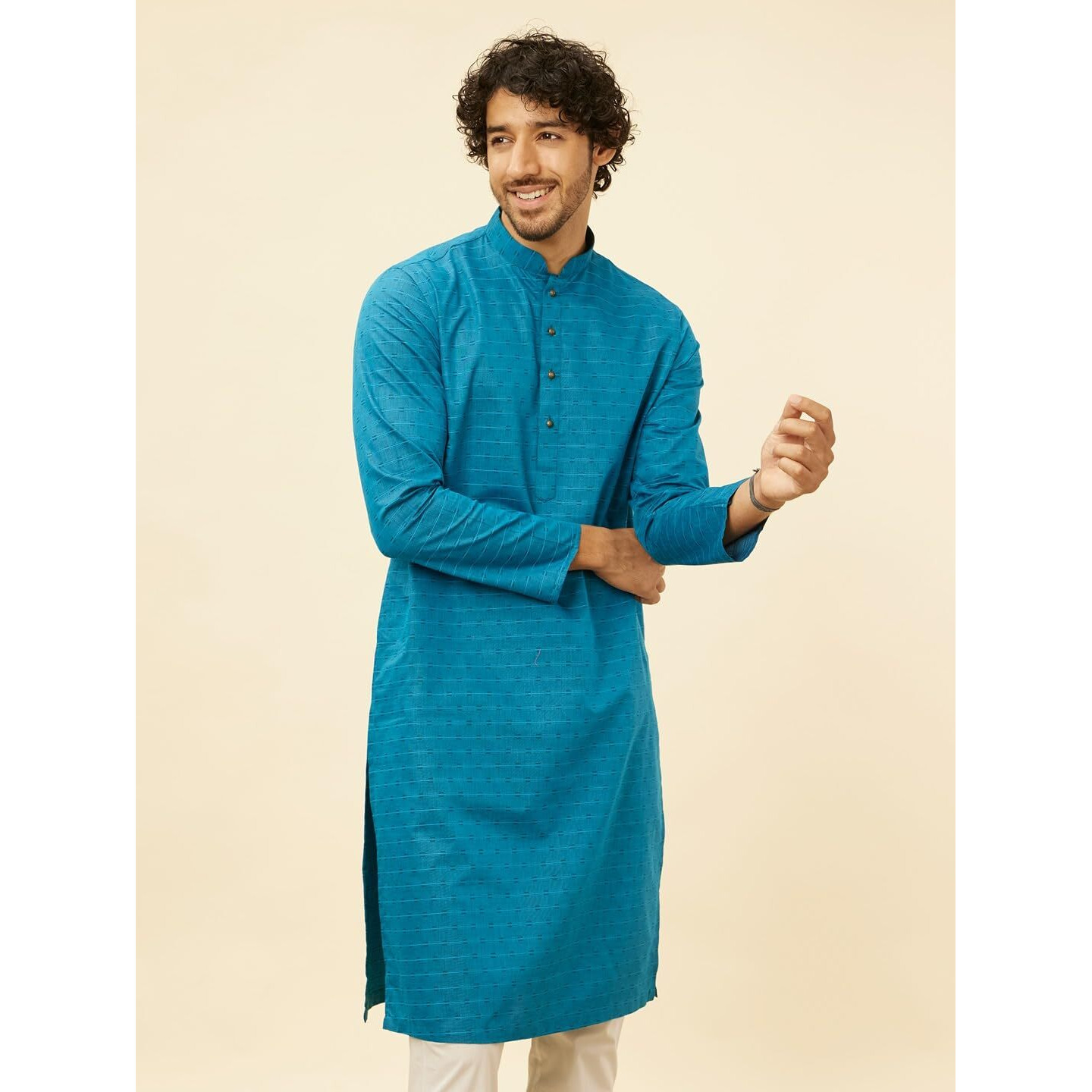 Manyavar Men's Blue Blended Cotton Self Design Kurta Pyjama Set