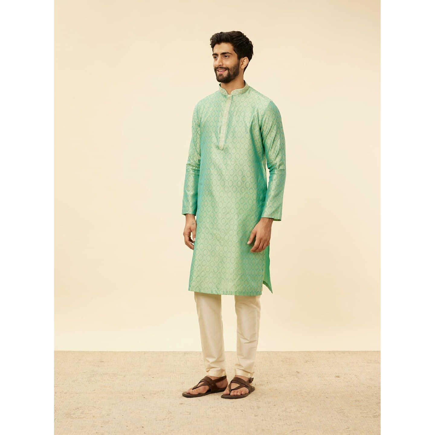 Manyavar Mens Green Art Silk Self Design Kurta Pyjama Set