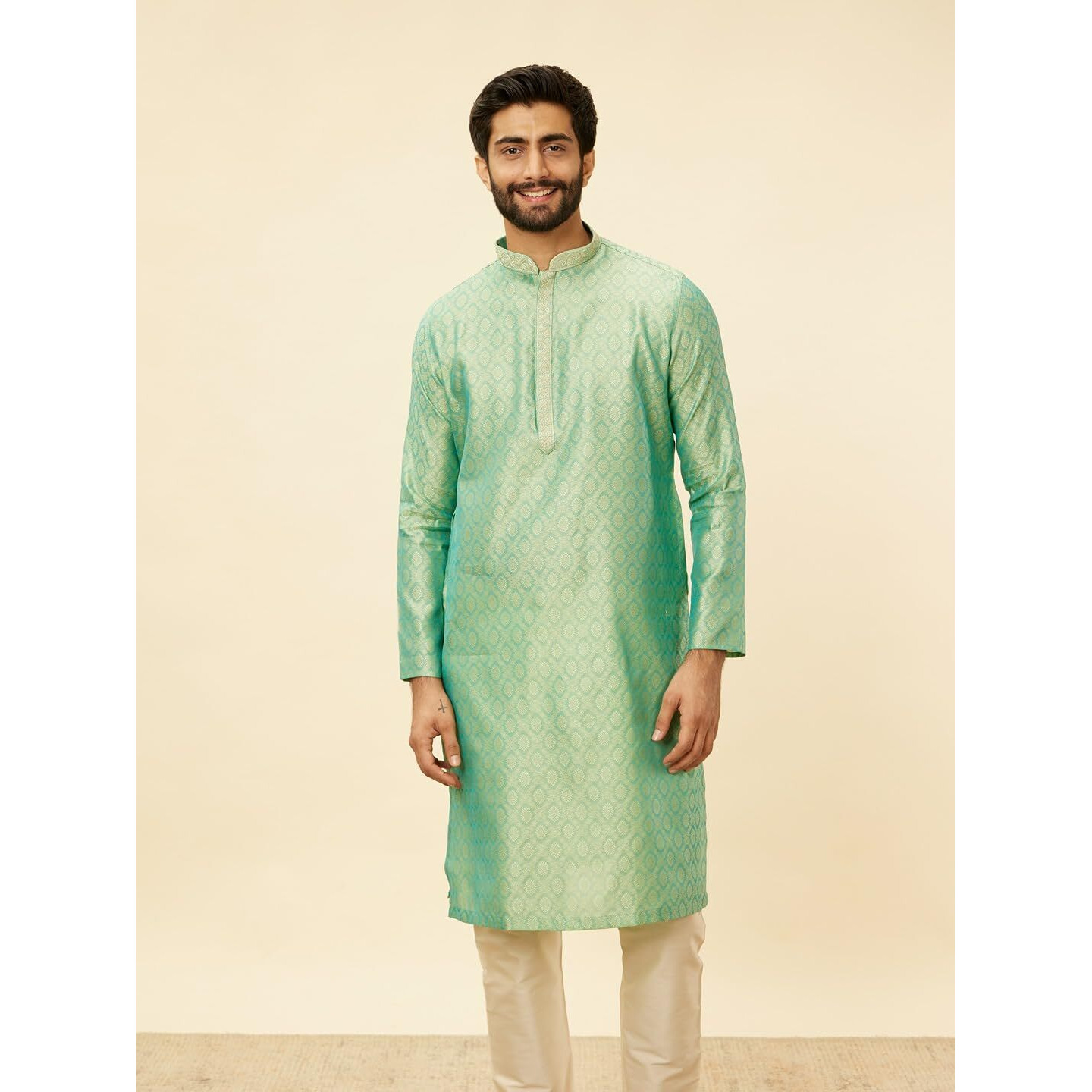 Manyavar Mens Green Art Silk Self Design Kurta Pyjama Set