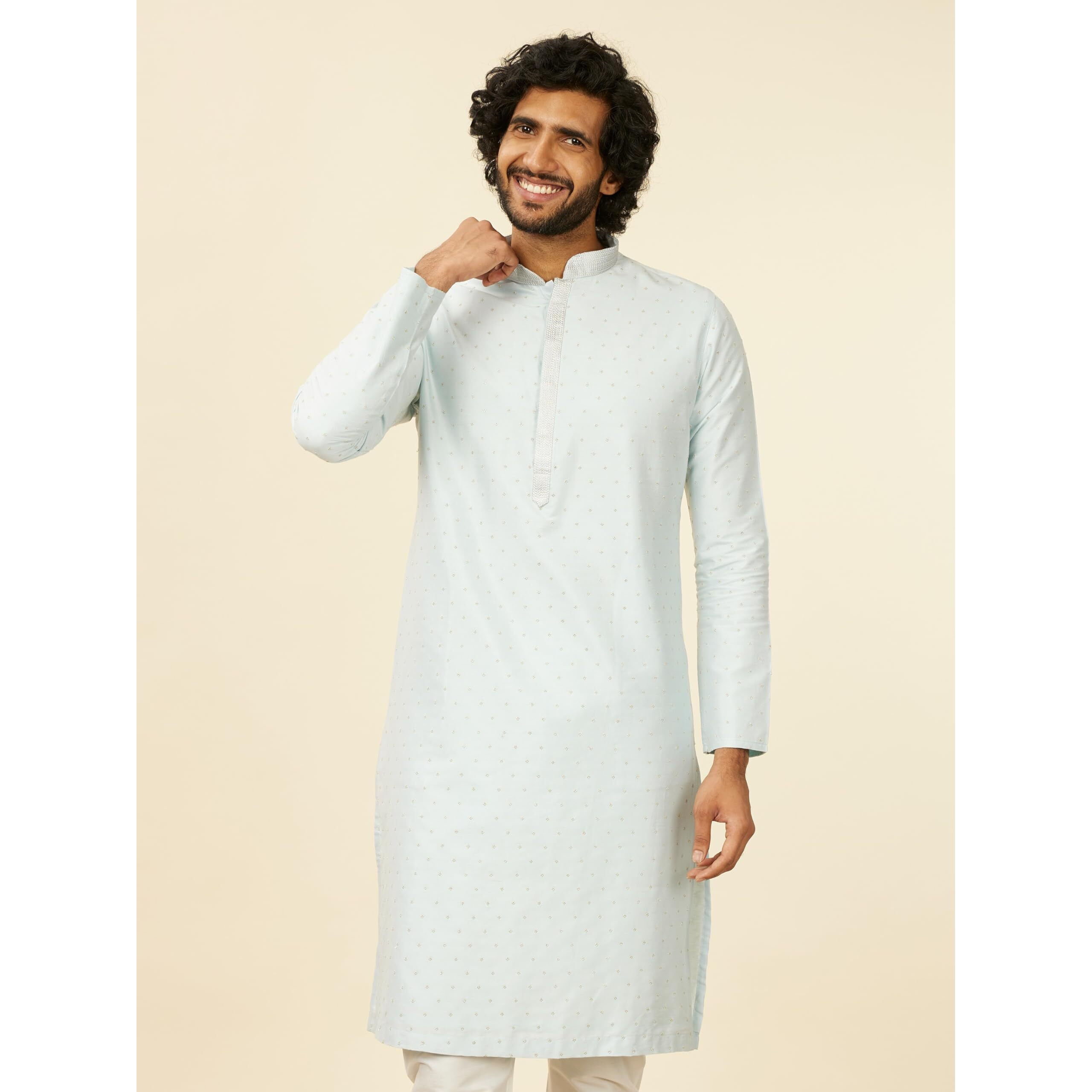 Manyavar Men's Viscose Blend Self Motifs Kurta Set (Light Blue,L)