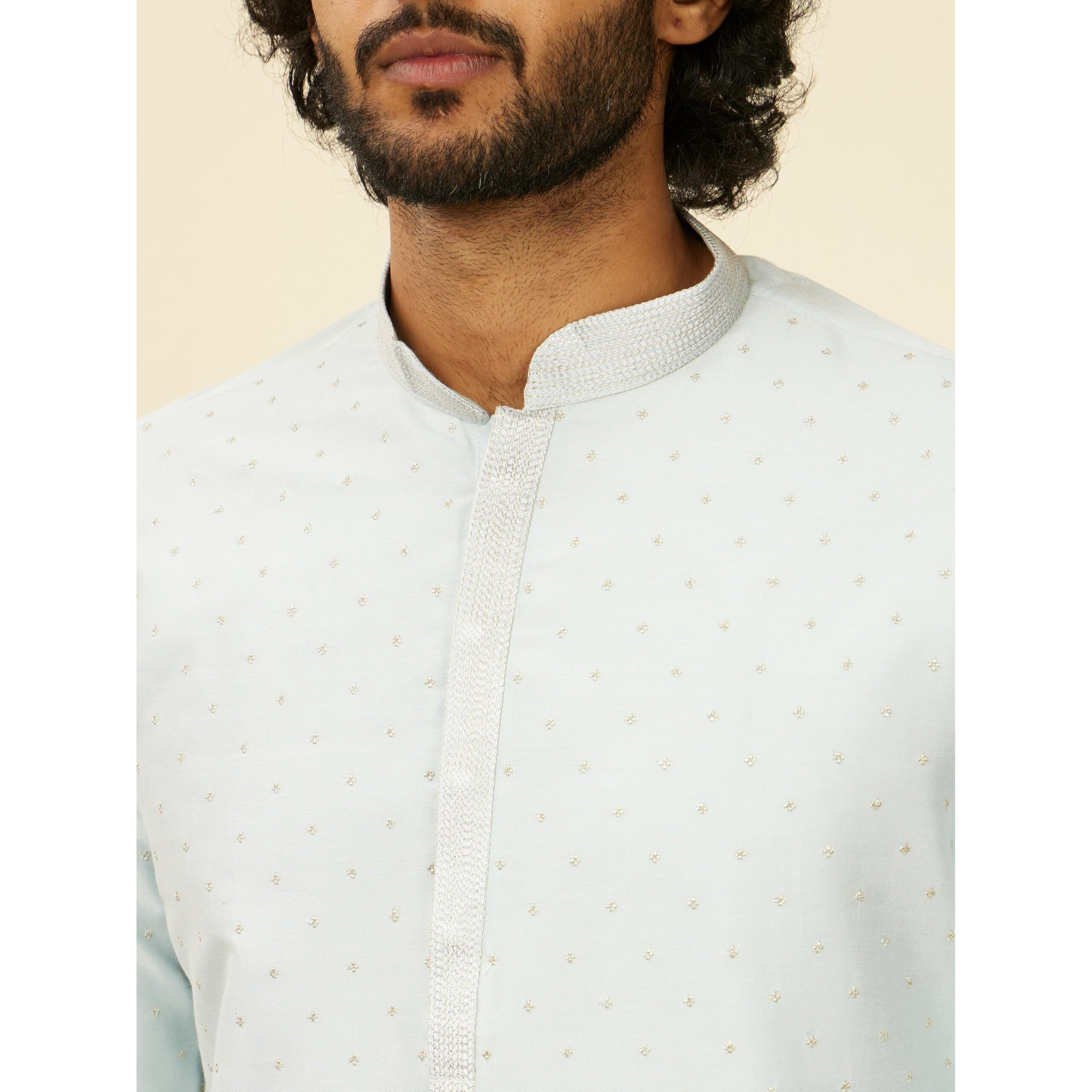 Manyavar Men's Viscose Blend Self Motifs Kurta Set (Light Blue,L)