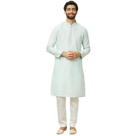 Manyavar Mens Blue Blended Cotton Printed Kurta Pyjama Set