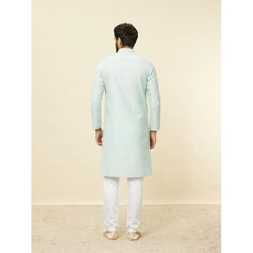 Manyavar Mens Blue Blended Cotton Printed Kurta Pyjama Set