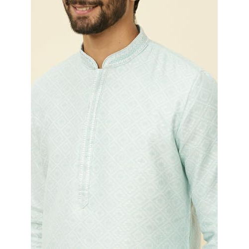 Manyavar Mens Blue Blended Cotton Printed Kurta Pyjama Set