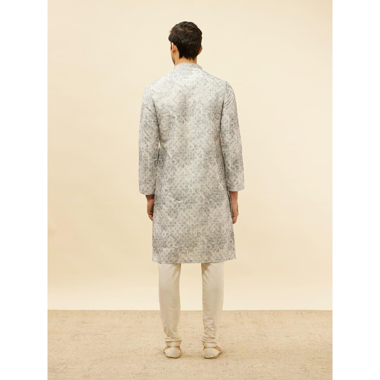 Manyavar Mens Grey Art Silk Printed Kurta Pyjama Set