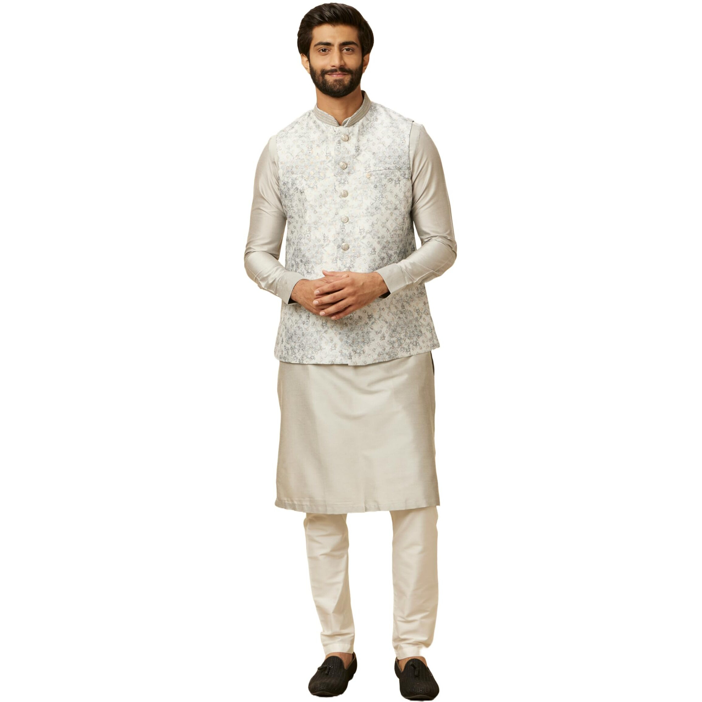 Manyavar Grey Art Silk Foil Print Kurta Jacket Set