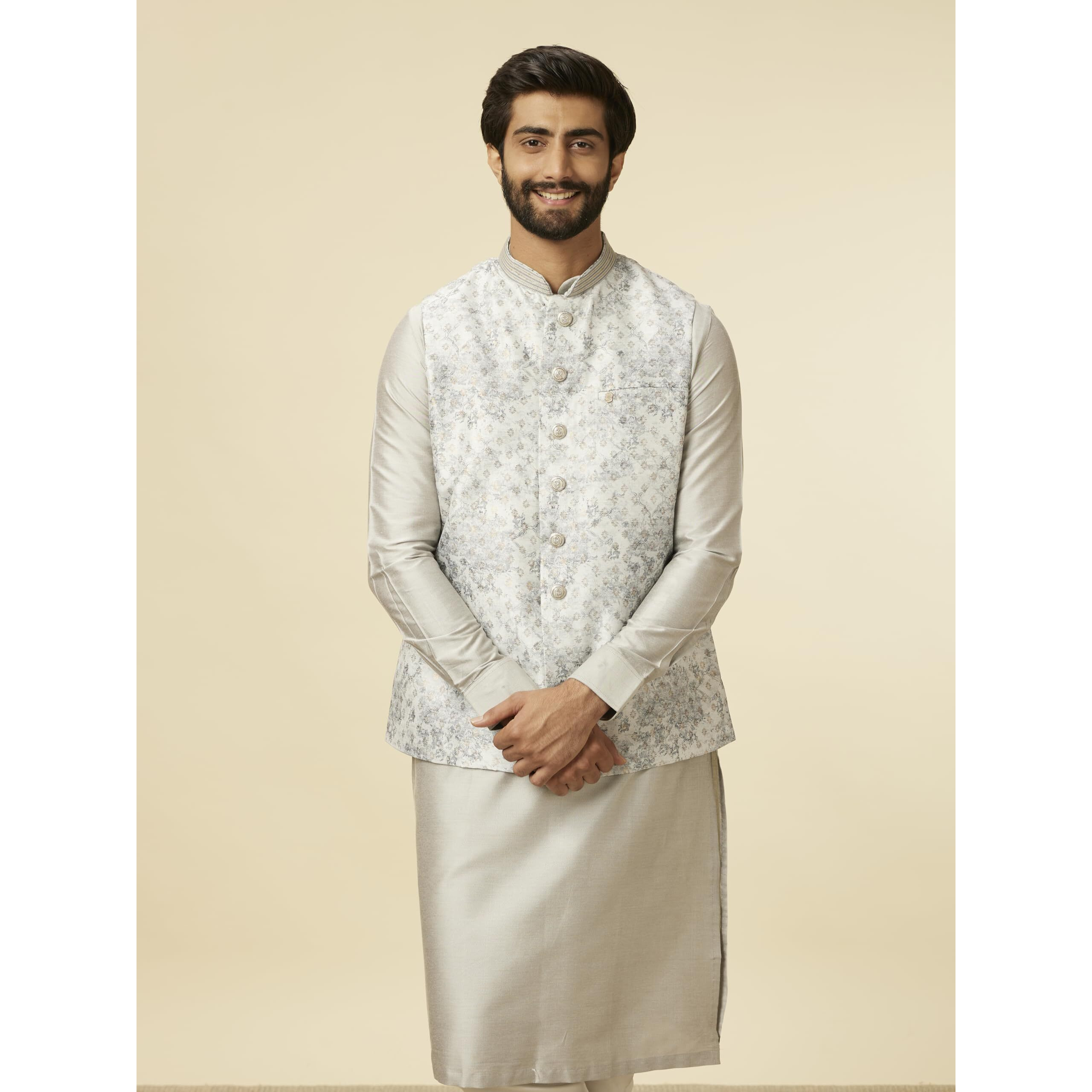 Manyavar Grey Art Silk Foil Print Kurta Jacket Set