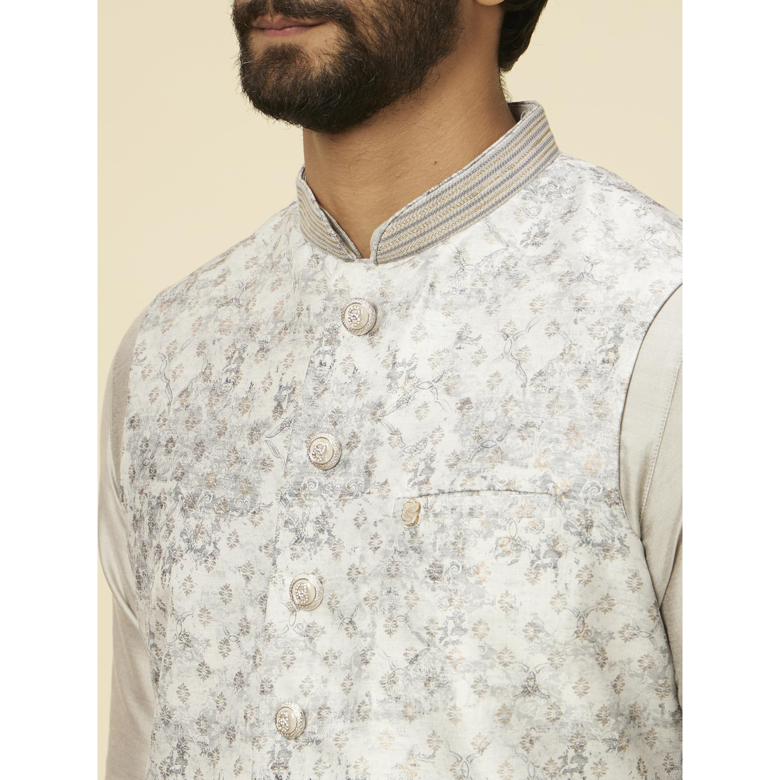 Manyavar Grey Art Silk Foil Print Kurta Jacket Set