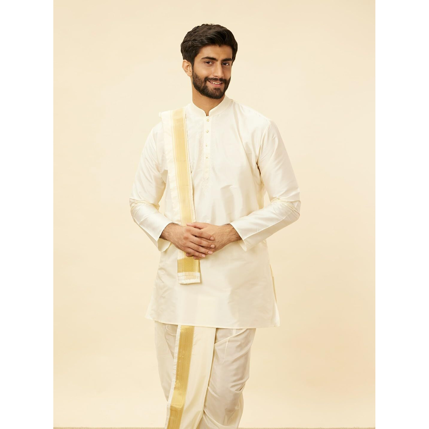 Manyavar Mens Cream Art Silk Solid Kurta Pancha Set