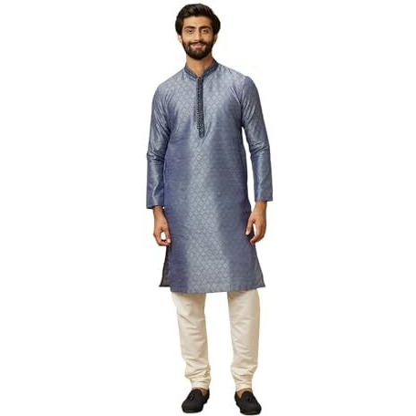 Manyavar Blue Art Silk Embroidery |Stone Work Kurta Pyjama Set
