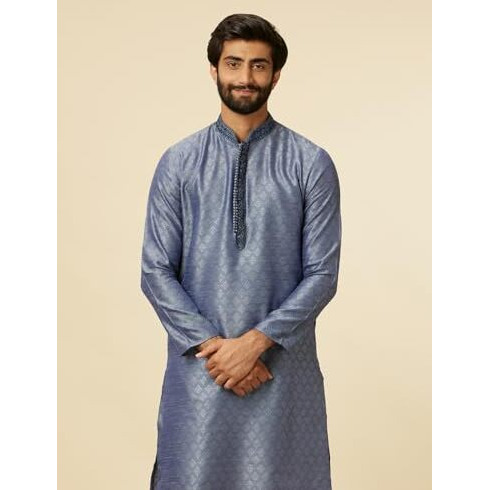 Manyavar Blue Art Silk Embroidery |Stone Work Kurta Pyjama Set