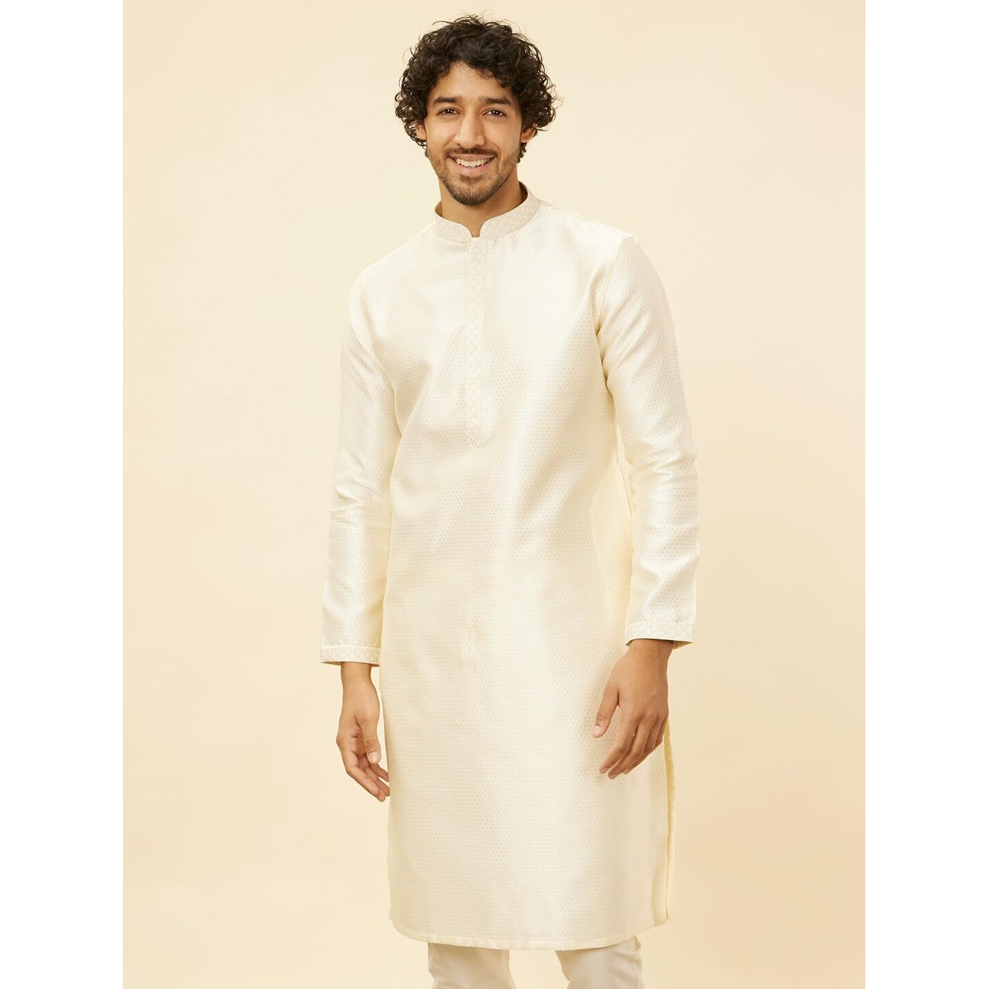 Manyavar Mens Cream Art Silk Self Design Kurta Pyjama Set (Xxl)