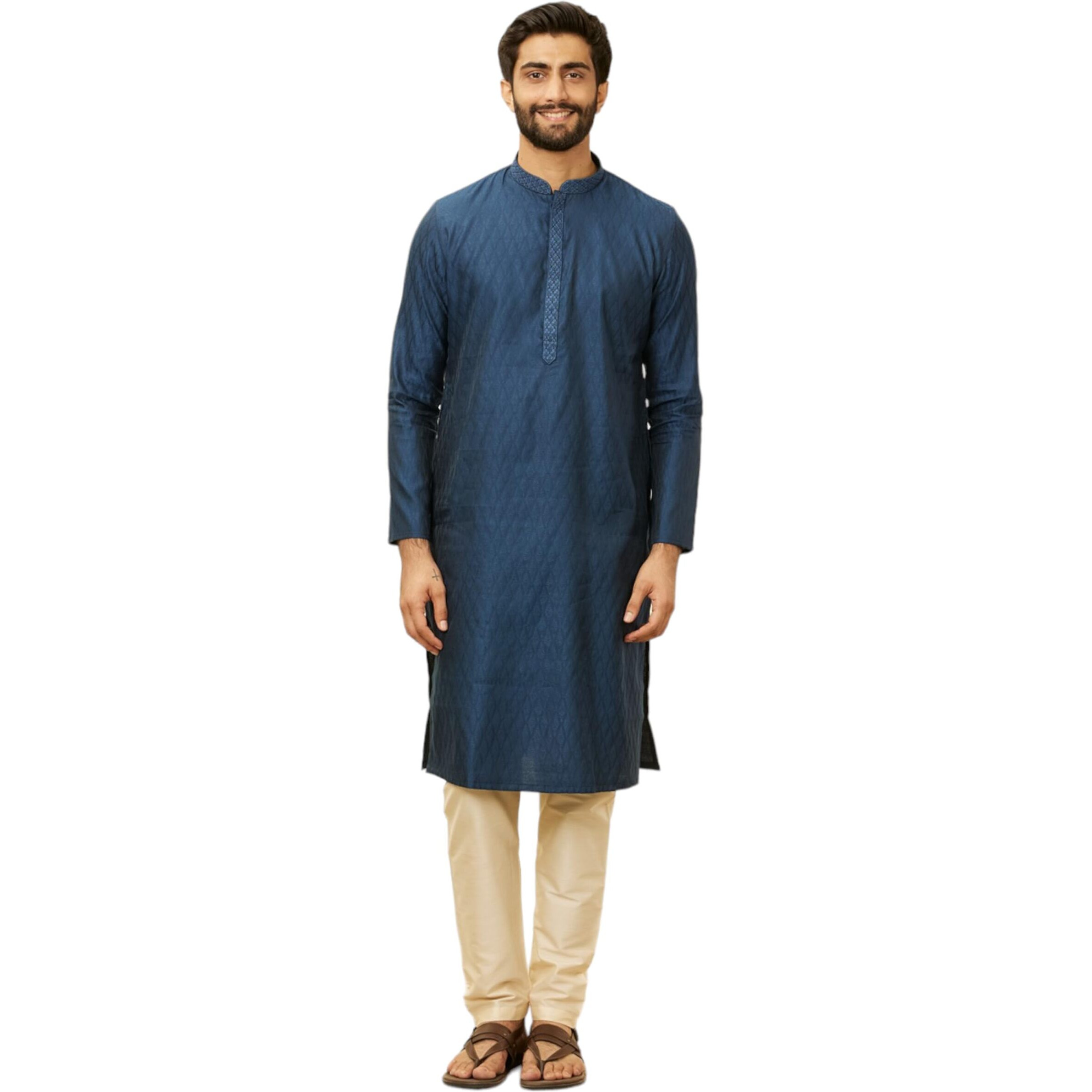 Manyavar Mens Blue Blended Viscose Self Design Kurta Pyjama Set