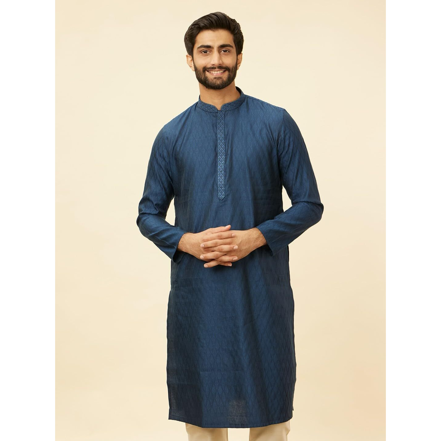 Manyavar Mens Blue Blended Viscose Self Design Kurta Pyjama Set