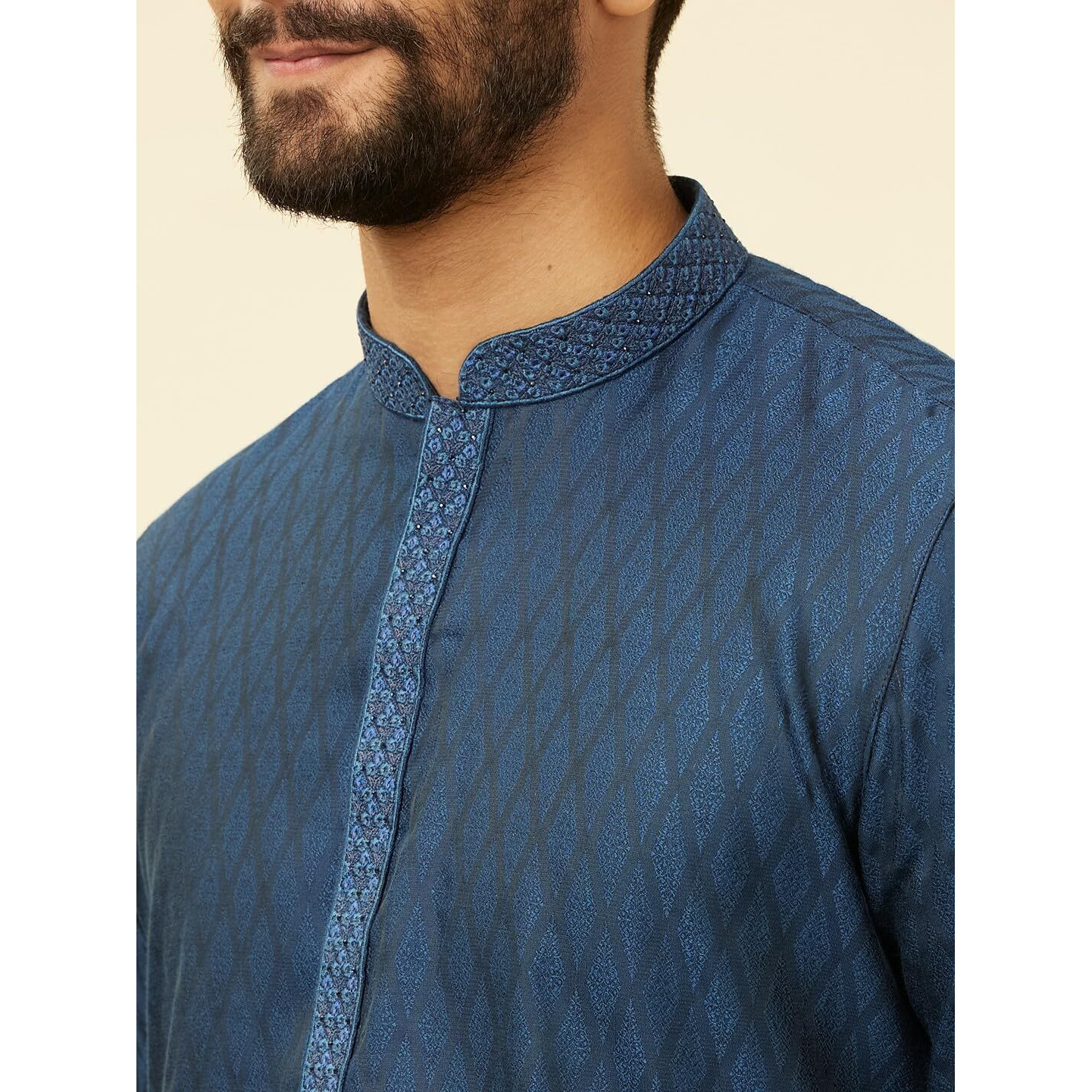 Manyavar Mens Blue Blended Viscose Self Design Kurta Pyjama Set