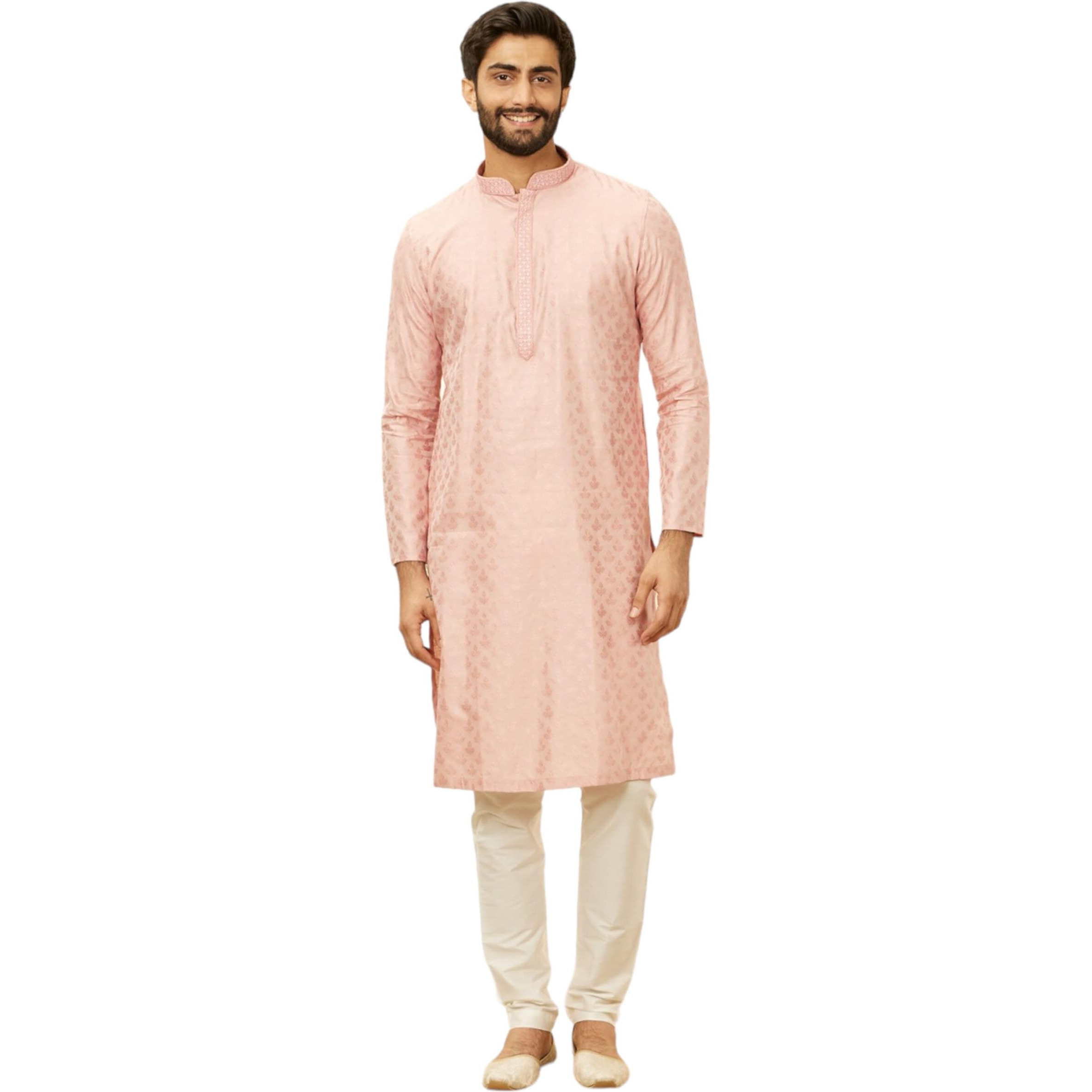 Manyavar Men's Pink Blended Viscose Self Design Kurta Pyjama Set (Xl)