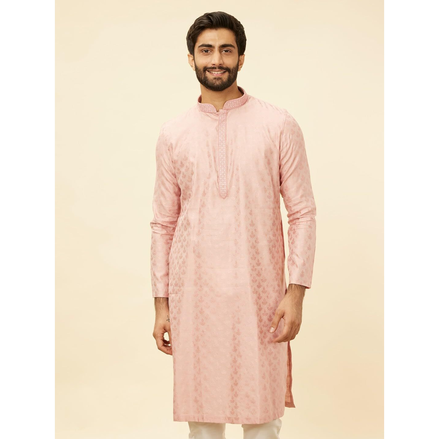Manyavar Men's Pink Blended Viscose Self Design Kurta Pyjama Set (Xl)
