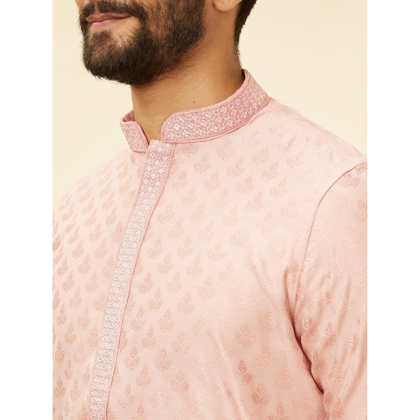 Manyavar Men's Pink Blended Viscose Self Design Kurta Pyjama Set (Xl)