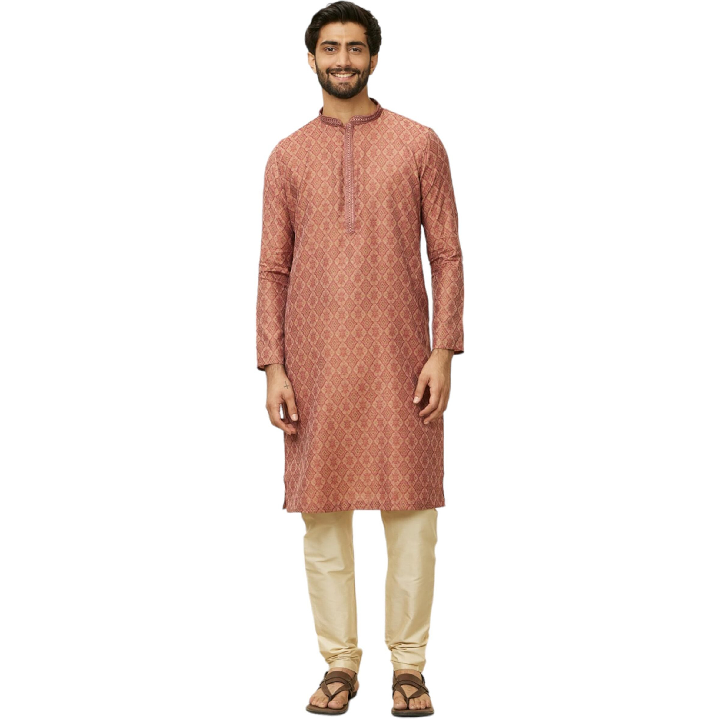 Manyavar Mens Rust Blended Cotton Self Design Kurta Pyjama Set